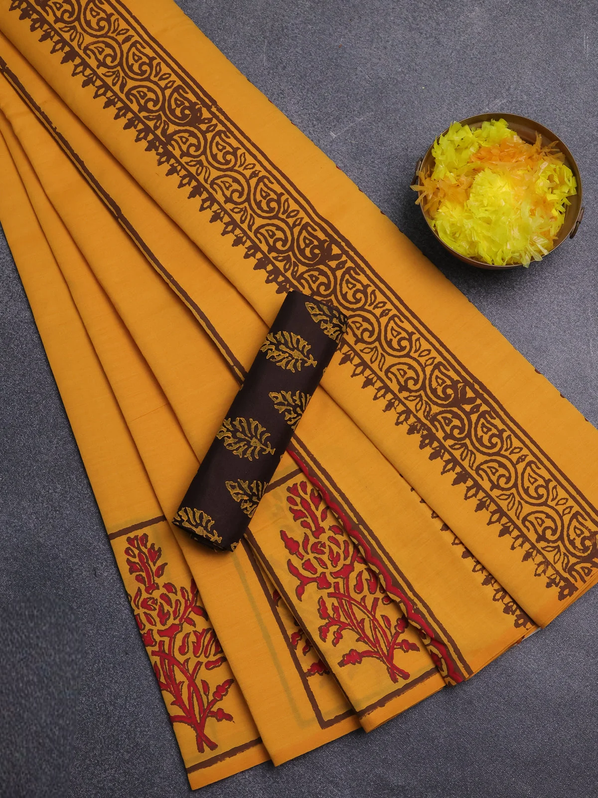 Semi Silk Cotton Saree - Mango Yellow and Brown